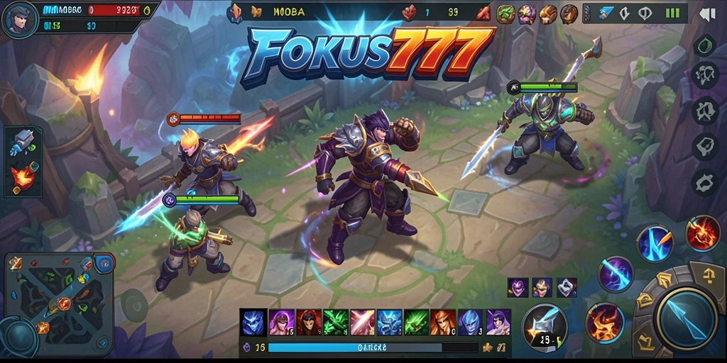Screenshot gameplay FOKUS777 dengan aksi pertarungan MOBA yang seru.