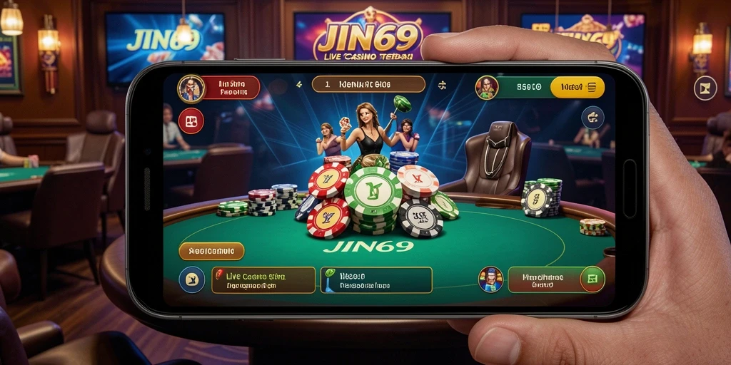 Screenshot JIN69 menampilkan gameplay seru Live Casino dengan dealer langsung.