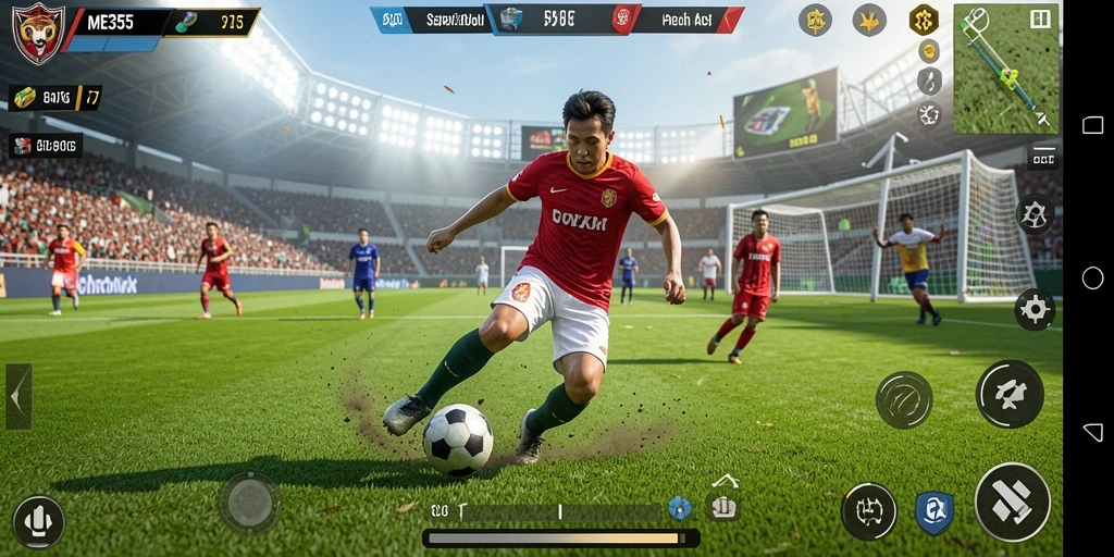 Screenshot ME355 menampilkan aksi sepak bola yang mendebarkan.