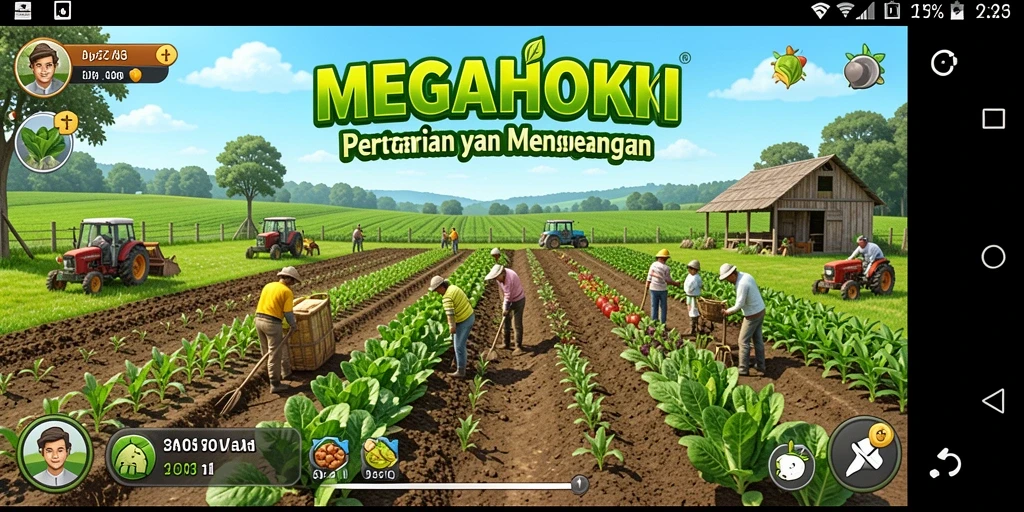 Tangkapan layar gameplay MEGAHOKI menunjukkan aktivitas pertanian yang seru.