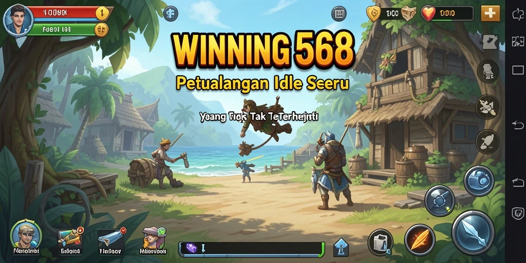 Tangkapan layar gameplay WINNING568 yang menunjukkan karakter berkembang dan mengumpulkan sumber daya.